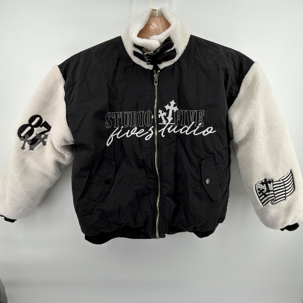 Fashion Nova Mens Studio Five Fleece Sherpa Bomber Jacket Black White Graphic